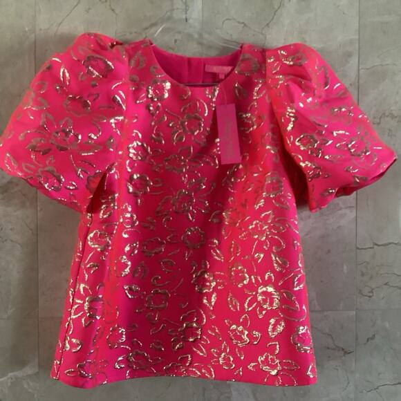 Lilly Pulitzer Pratt Top Pink Gold Brocade Puff Sleeve Party Blouse NWT - Small - Picture 2 of 10